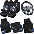 CAR PASS Blue Butterfly Car Seat Covers Full Set, Embroidered Flower Waterproof Car Floor Mats Carpet, Butterflies Steering Wheel Cover for Universal Car Accessories Interior Sets (Black and Blue)