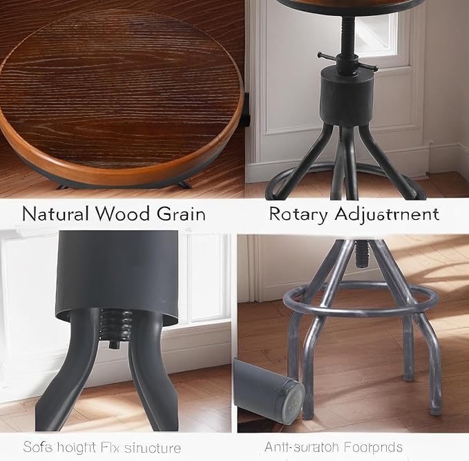 Diwhy Industrial Vintage Kitchen Counter Height Adjustable Bar Stool, Farmhouse French Stylish Kitchen Stool, Swivel Chair, Solid Wood Metal Chiar, Easy Installation, Fully Welded Set of 2 (Black)