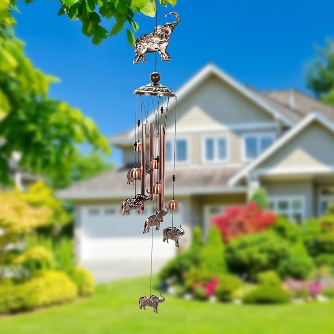 Copper Tone Animal Wind Chimes for Outdoors/Indoors - Elephant Designs - Garden, Patio, Yard, Home Decor, for Women, Men, Mom, Birthday, Memorial, Housewarming (Elephant)