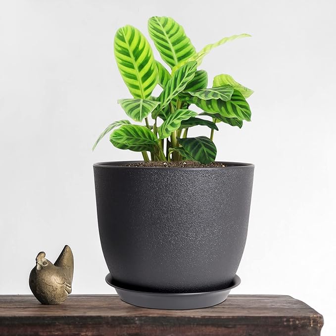 12/10/9 Large Modern Plant Pots, Plastic Planters with Drainage Holes and Saucers for Indoor Outdoor Plants Flowers, Black