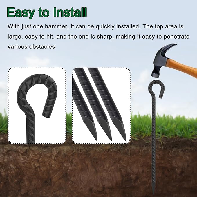 18 Inch Rebar Stakes with Loop 12 Pack Camping Tent Ground Anchors Heavy Duty 1/2 Inch Diameter Metal Tree Stakes and Supports for Leaning Trees, Dog Tie Out Stake, Garden Rope Fence Stakes, Black