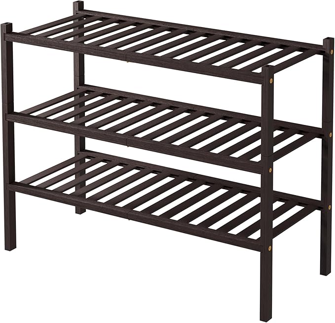 3 Tier Bamboo Shoe Rack for Closet Free Standing Wood Shoe Shelf for Entryway Small Space Stackable 27"x11"x20" (Brown)