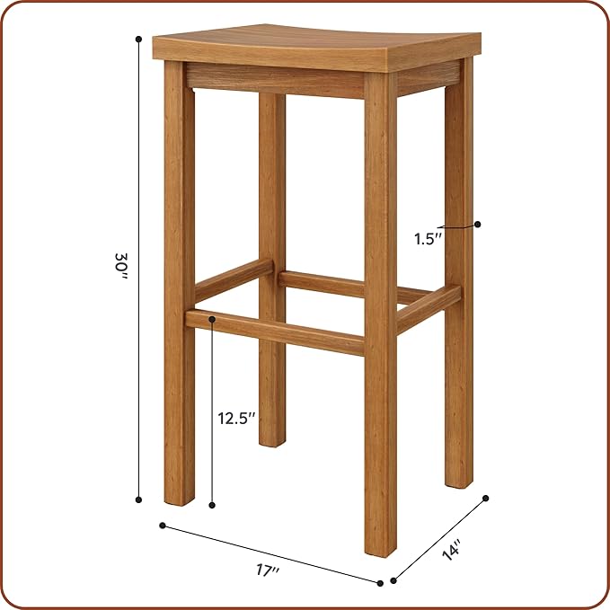 Grain & Grove Smith Collection Set of 4 Solid Wood Bar Stools, 30 inch Saddle-Seat Bar Chairs, Backless, Heavy-Duty Construction, Footrest Support, for Kitchen Islands, Home Bars, and Counters, Pecan