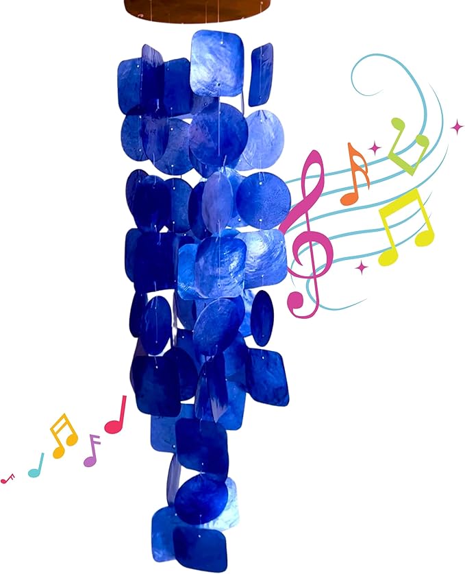 Bellaa 27918 Wind Chimes Outdoor, Garden Decorations, Musical, Indoor/Outside Windchimes, Beach, Ocean Breeze, Gifts for Mom, Gift for All Occasions, Capiz Sea Glass Shells Wood Blue 27 inch
