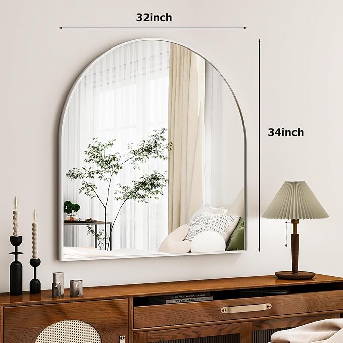 Arched Bathroom Mirror, 32x34 Inch - Wall Mounted Vanity Mirror with Aluminum Alloy Frame - Ideal for Living Room, Bedroom, Bathroom, and Entryway, Hanging or Leaning,White