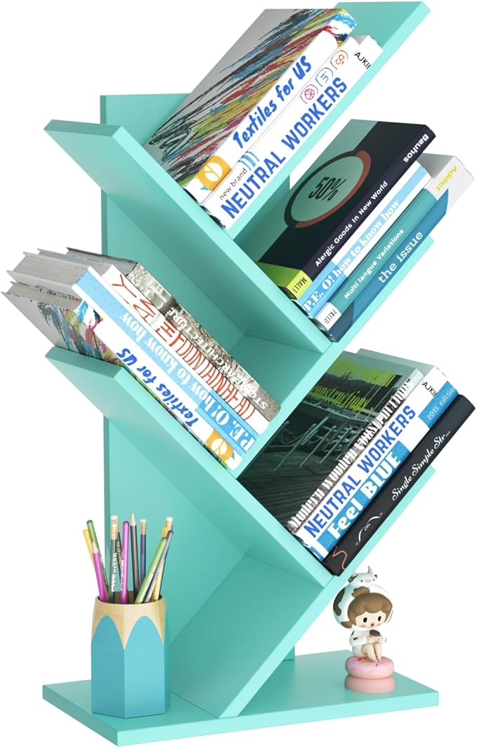 5 Tier Tree Book Shelf, Small Desktop Bookshelf with Storage Organizer, Wood Bookcase, Desk Display Bookshelves, Floor Standing Organizer Bookcases for Living Room,Bedroom,Office-Green