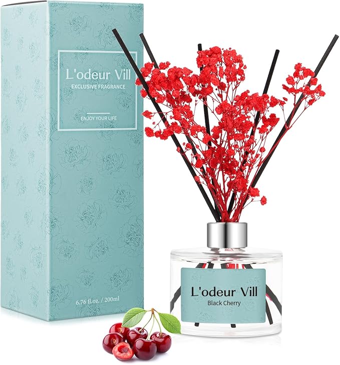 L'odeur Vill Reed Diffuser Set - Black Cherry Scented Home Fragrance, 6.7 oz (200ml) with 6 Oil Diffuser Sticks for Large Rooms and Bathroom Decor