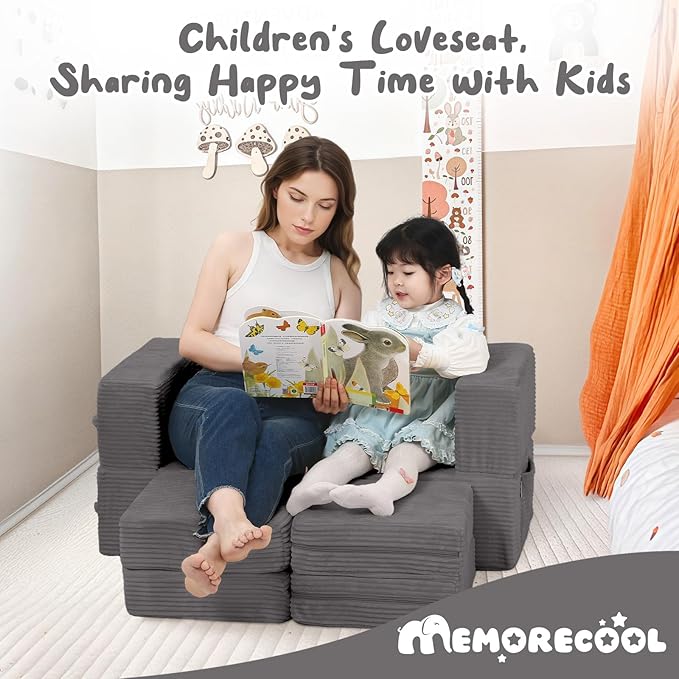 MeMoreCool Modular Kids Couch, Corduroy Play Toddler Couch for Bedroom Playroom Furniture, Convertible Foam Kids Sofa Bed, Fold Out Baby Sofa for Girl Boy, Dark Grey