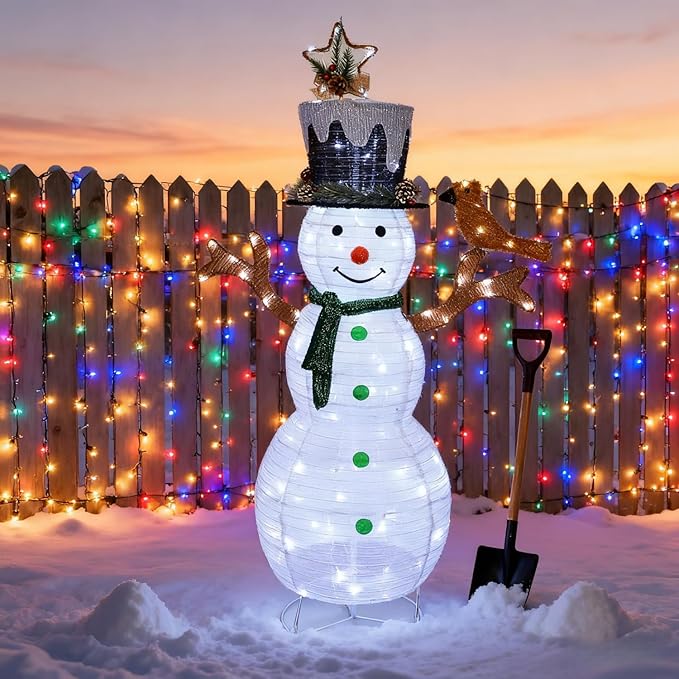 Hausse Lighted Christmas Snowman Decorations, 4.5FT Outdoor Pre-Lit White Collapsible Snowmen with Built-in Lights, Light Up Pop Up Xmas Yard Display, Plug in for Holiday New Year Winter Garden Yard