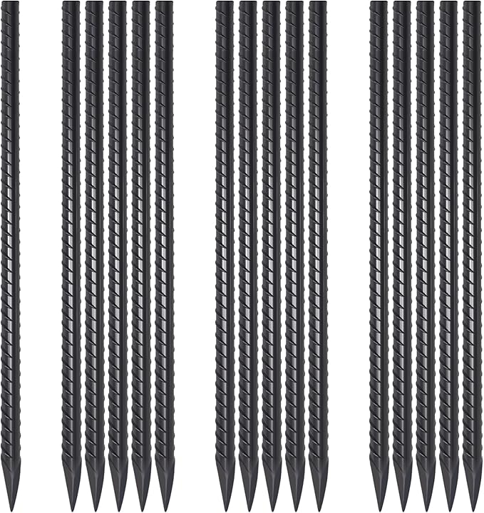 Straight Rebar Stakes 18 Inch 16 Pack Heavy Duty Steel Ground Stakes 1/2 Inch Diameter Landscape Timber Spikes with Chisel Point End for Plant Support, Concrete Form and Fence, Black
