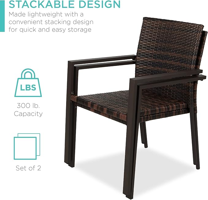 Best Choice Products Set of 2 Stackable Outdoor Wicker Dining Chairs All-Weather Firepit Armchair w/Armrests, Steel Frame for Patio, Deck, Garden, Yard - Brown