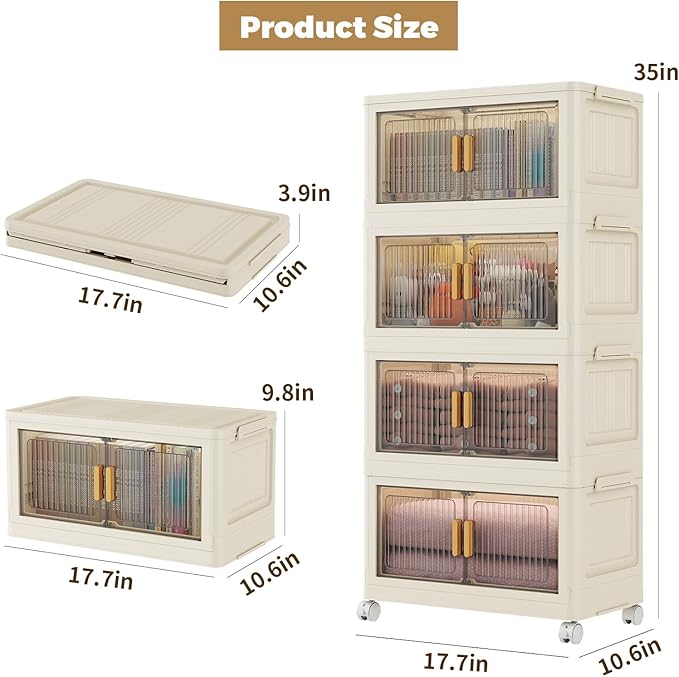 28 Qt Plastic Storage Bins with Lid, Collapsible Closet Organizer and Storage Drawers, Stackable Storage Containers with Wheels, Clothes Storage Cabinet Home Organization, 4Pack