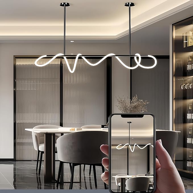 Modern LED Linear Pendant Light for Dining Room, Black Chandelier for Office, 78" DIY Ceiling Chandelier Light with Remote Control Stepless Dimming, Restaurant Kitchen Long Hose Lamp