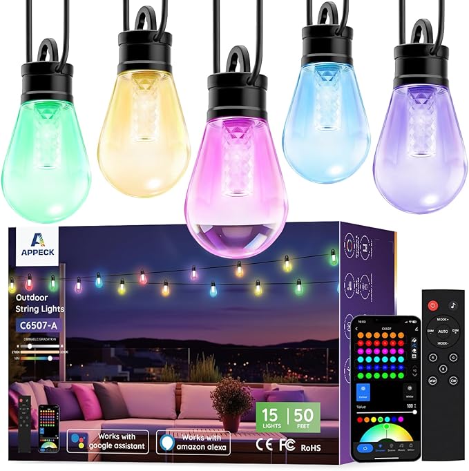 APPECK Outdoor String Lights, 50ft Smart RGBW Patio Lights Outside with 15 LED Bulbs, Extendable, 111 Scene Modes, IP65 Waterproof Lighting for Backyard, Dimmable Warm White, Compatible with Alexa