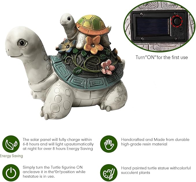 Solar Garden Outdoor Statues Turtle with Succulent and 7 LED Lights, Cute Outdoor Turtle Decor for Patio, Balcony, Yard Ornament, Funny Tortoise Figurine Lights Lawn Art, Present for Grandma, Mum