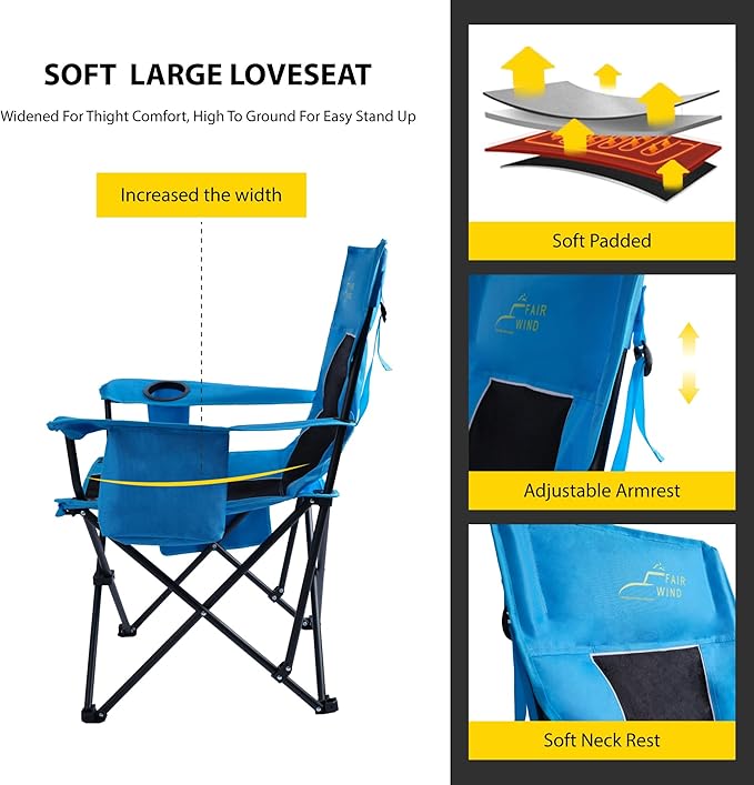 FAIR WIND Oversized Padded Camping Chair with Footrest Stool Heavy Duty Cooler Bag Chair for Fishing, Tailgating, Sports Games, Backyard - Support 300 LBS Blue