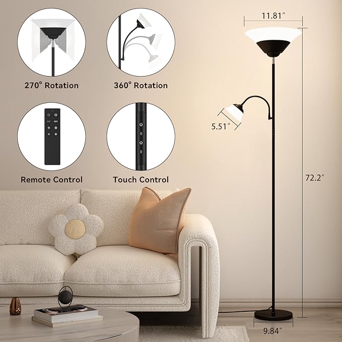 SIBRILLE 2-in-1 Torchiere Floor Lamp, 34W Super Bright LED Standing Lamp with Remote & Touch Control, 72" Dimmable Adjustable Corner Reading Lamp for Living Room, Bedroom, Office, Black