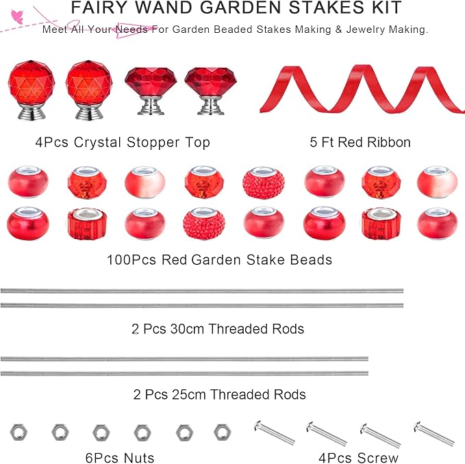 119Pcs Garden Stake DIY Fairy Wand Plant Stake with Red Large Hole Beads Crystal Diamond Stopper Top 4 Stainless Steel Threaded Rod Beaded Garden Stakes for Outdoor Indoor Yard Patio Decorations
