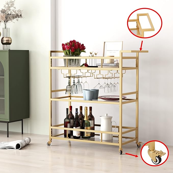 Gold Bar Carts with 3 Tier Glass Shelves, Rolling Serving Bar Cart with Wine Rack and Glass Holder, Home Bar Carts & Wine Carts on Wheels for Kitchen, Indoor & Outdoor