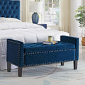 24KF Velvet Modern Upholstered Tufted Button Storage Bench with Arms for Bedroom,Entryway Living Room Soft Padded Seat-Navy