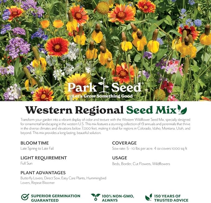 Park Seed Grow Your Own Vibrant Annual and Perennial Wildflower Garden Seeds Mixture, Easy to Grow Varieties for Pollinators and Spring Gardens - Western Regional Mix, 1/4 lb