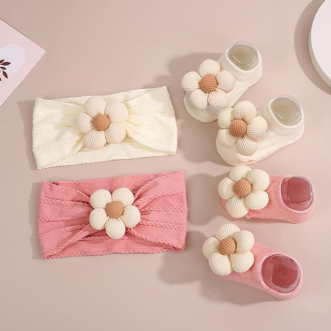 WillingTee Baby Girl Headband and Socks, Non-Slip Floral Socks and Soft Floral Nylon Hairbands for Babies Infants and Toddlers 0-12 Months