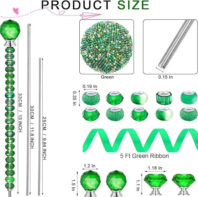 119 Pcs Garden Stake DIY Fairy Wand Plant Stake with Green Large Hole Beads Crystal Diamond Stopper Top 4 Stainless Steel Threaded Rod Beaded Garden Stakes for Outdoor Indoor Yard Patio Decorations