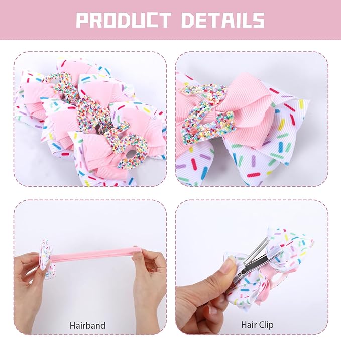 2pcs Birthday Hair Bow for Baby Girls, Sprinkle Confetti 4th Birthday Decorations Girl, Ice Cream Party Theme Bow Clips for Baby Girls Pink Hair, Happy 4th Birthday Girl Hair Bow Clips