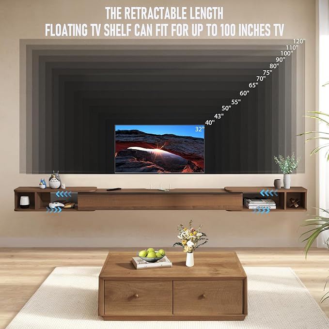 Pmnianhua Retractable Length Floating TV Stand,Minimalist Floating TV Shelf,Wall Mounted TV Console,Adjustable 87'' to 122'' Floating Entertainment Center with Storage for Bedroom Living Room(Walnut)