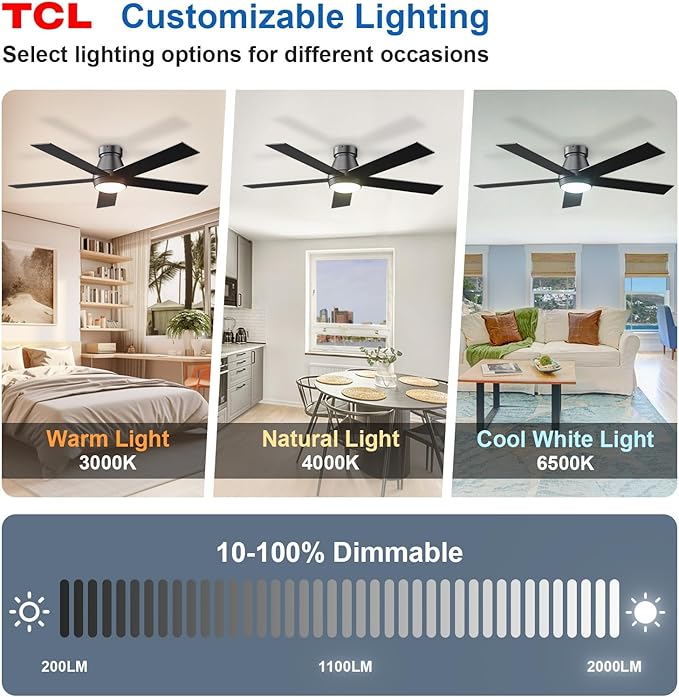 TCL 52" Ceiling Fan with Lights, Black Flush Mount Ceiling Fans with Remote Control, 6 Speeds DC Reversible, Dimmable, Noiseless, Low Profile Ceiling Fans for Bedroom