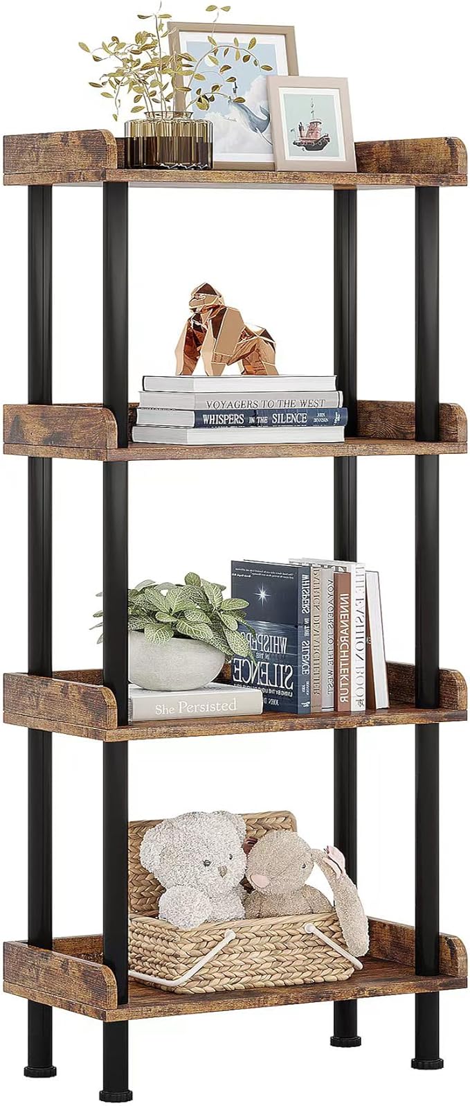 Hosfais Bookcase 4 Tier Bookshelf, Vintage Small Bookshelf for Spaces, Wooden Book Shelf for Living Room Bedroom