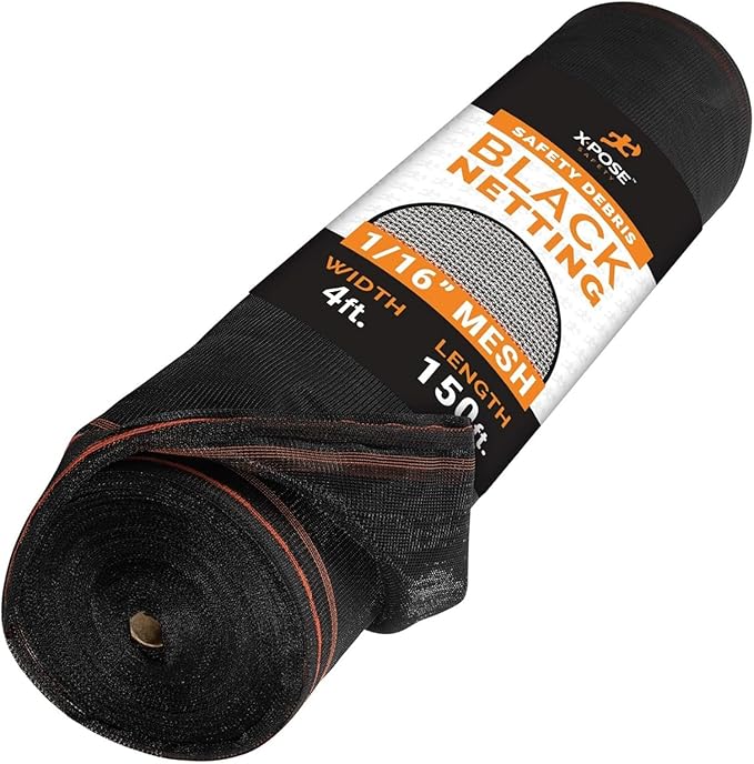 Xpose Safety Construction Safety Debris Netting - Temporary Material Roll, Mesh Scaffold Net Enclosure, Visibility Barrier, Fencing Roll, Heavy Duty Fire Retardant (Black, 1/16" Mesh 4' x 150')