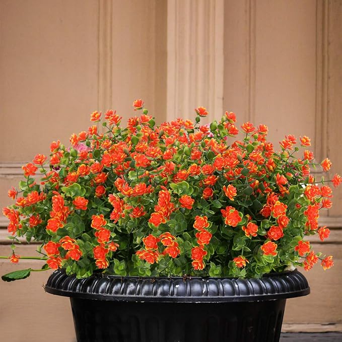 6 Bundles Artificial Flowers, Fake Artificial Greenery UV Resistant No Fade Faux Plastic Plants for Wedding Bridle Bouquet Indoor Outdoor Home Garden Kitchen Office Table Vase (Orange Red)