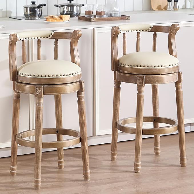 Cow top Leather Wooden Bar Stools, 360 Degree Swivel Bar Height Chair with Backs for Home Kitchen Counter, Morden Chair Barstools (Retro-Beige, Bar Height-Seat Height 29.5”)