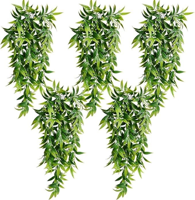SzJias 5 Pcs Artificial Hanging Plants Outdoor Fake Hanging Plant Bamboo Leaves Plant for Patio Porch Outdoor Plants Decor