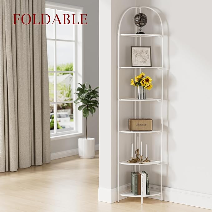 Crofy Foldable 6 Tier Corner Shelf, Metal Corner Plant Stand with White Frame and White Shelves, Corner Display Rack Multipurpose Shelving Unit for Living Room, Bedroom, Bathroom