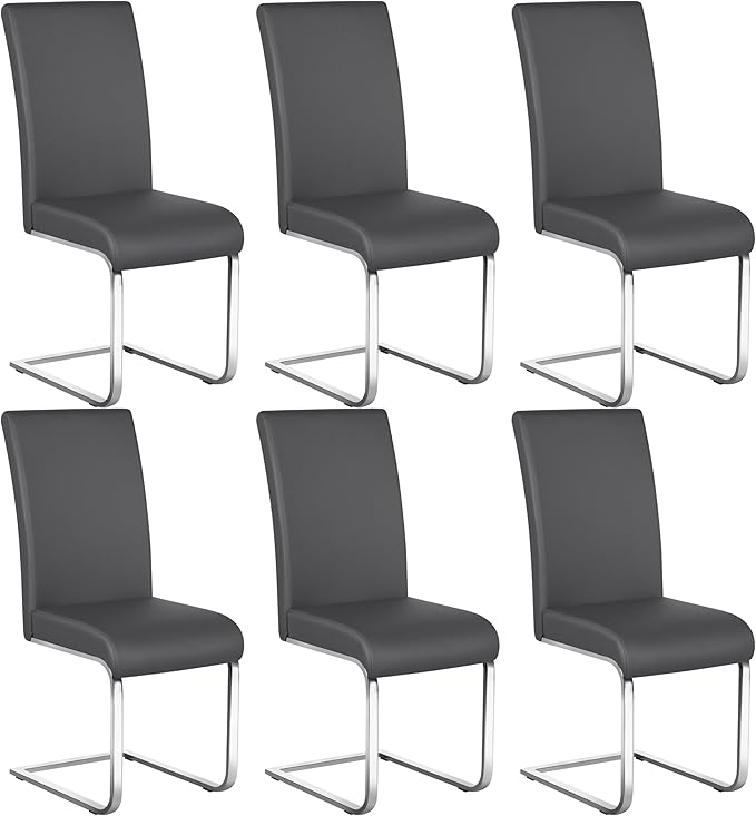 Yaheetech Dining Chairs Set of 6 Modern Faux Leather Upholstered Dining Room Chairs with High Back and Metal Chrome Legs for Kitchen/Living Room/Restaurant, Dark Gray