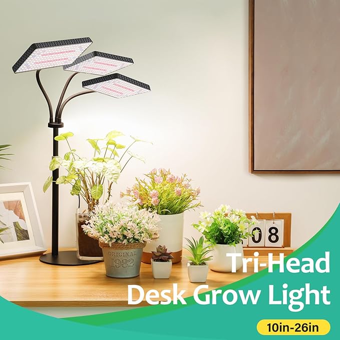 LBW Upgraded Desk Grow Lights for Indoor Plants, Tri-Head 642 LEDs Tabletop Full Spectrum Grow Light, with 3/6/12H Timer, 6 Brightness Levels, 3 Lighting Modes, Height Adjustable for 10-26 inches