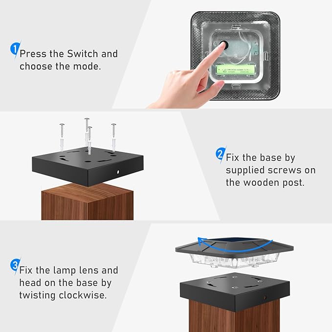 Peasur 6 Packs 4x4 Post Solar Lights with 3 Modes, Waterproof LED Solar Cap Lights for 4×4/3.5×3.5 Wood/Vinyl Posts, Post Top Lighting Outdoor for Fence Deck Mailbox Porch Railing