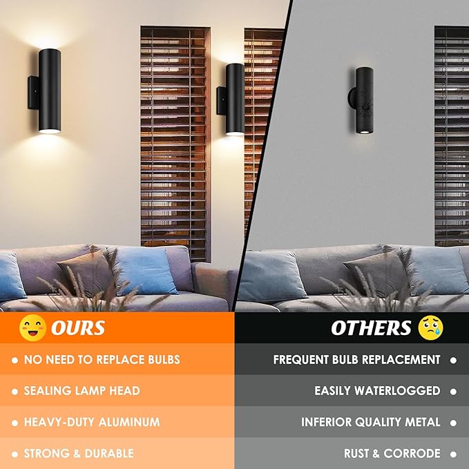 GoBright Outdoor Wall Lights, 12W 3000K Integrated LED Cylinder Up Down Lights, 1200LM Super Bright Waterproof Exterior Wall Sconce, 2-Pack Modern Black Outside Wall Lantern for Porch Patio Garage