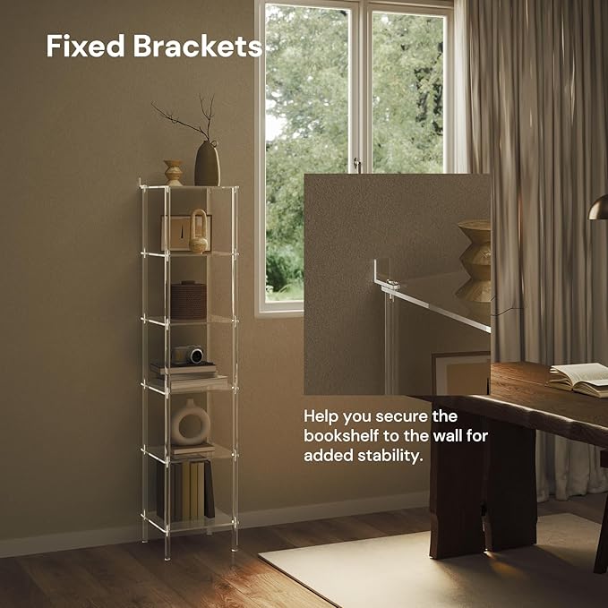 6 Tier Square Acrylic Bookshelf, Small Bookcase with Acrylic Fittings for Fixing to Wall, Corner Display Shelf for Living Room, Bedroom, Bathroom, Small Spaces, Clear, 11.6'' W x 53.9'' H