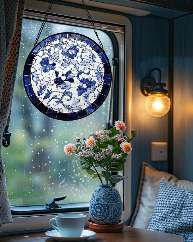 Stained Glass Window Hanging, Blue and White Abstract Flowers Sun Catcher for Door Home Decor Suncatcher Christmas Mother's Day Birthday Gifts for Women Men Mom and Nana 7.8 in