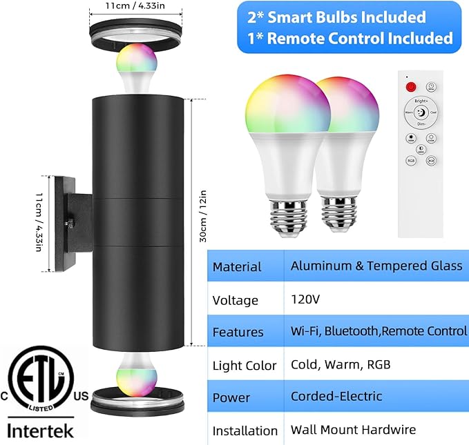 SHIMR Modern Outdoor Wall Lights Color Changing, RGBCW Smart Outdoor Lights Ambiance Sconce with Remote Control, Black Aluminum Exterior Lighting Fixtures Up and Down Lights [ETL Listed]