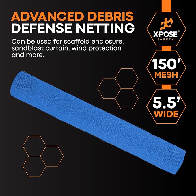 Xpose Safety Construction Safety Debris Netting - 150 Ft Temporary Material Roll, 1/4" Mesh Scaffold Net Enclosure, Visibility Barrier, Fencing Roll, Heavy Duty Fire Retardant 5.5 ft x 150 ft, Blue