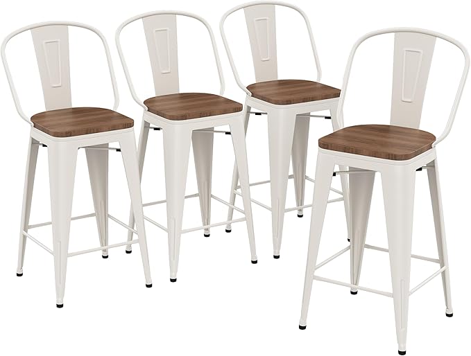 Yongqiang 26 inch Metal Bar Stools Set of 4 Farmhouse Kitchen Island Counter Height Bar Chairs High Back Barstools with Large Wooden Seat Cream White
