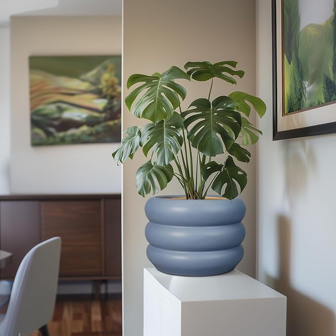 SQOWL 10 Inch Plant Pot Indoor - Ceramic Plant Pot with Drainage Hole Large Outdoor Planter Unique Flower Pot Modern Round Planter for Front Door Decor Gray
