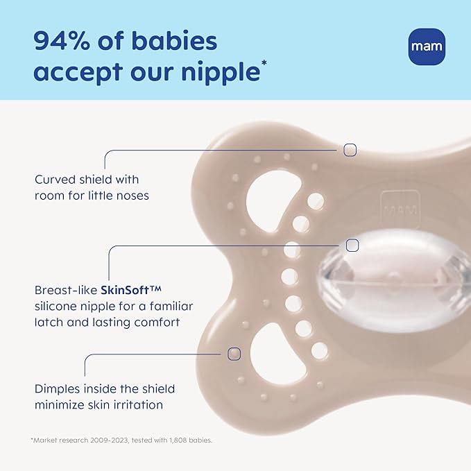 MAM Original Baby Pacifiers 0-6 Months, Binky for Newborn Babies, BPA-Free Skin Soft Silicone Nipple, Glows in The Dark, Developed with Medical Experts, 2 Count, Sterilizer Case, Made in Europe