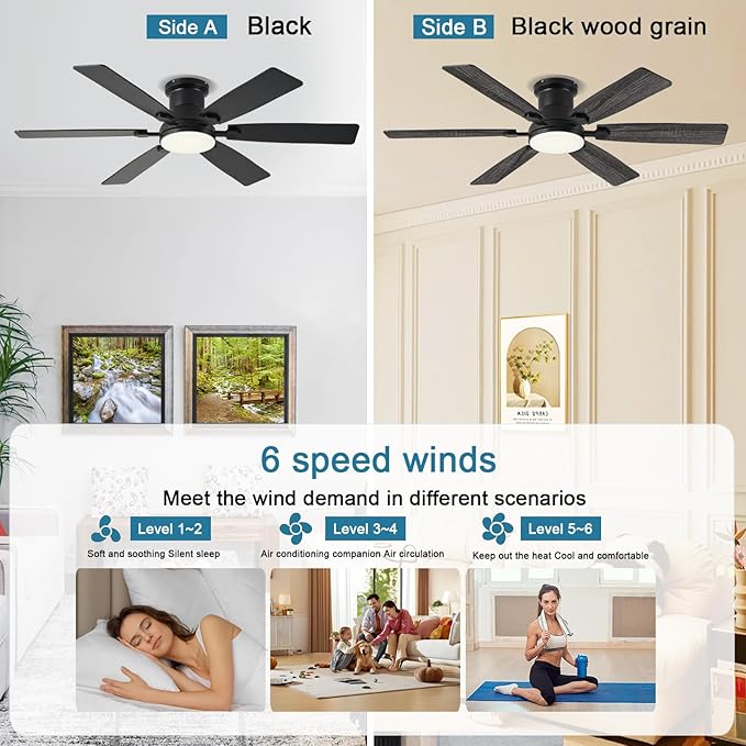 52inch Low Profile Ceiling Fan with Light and Remote/APP Control, LED Dimmable DC ReversibleModern, Flush Mount,6 Blade,Black Ceiling Fan for Bedroom Living Room/Outdoor Use