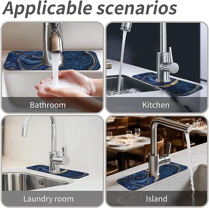 Kitchen Sink Splash Guard，Dark blue gold marble Faucet Mat Sink Gadgets-Super