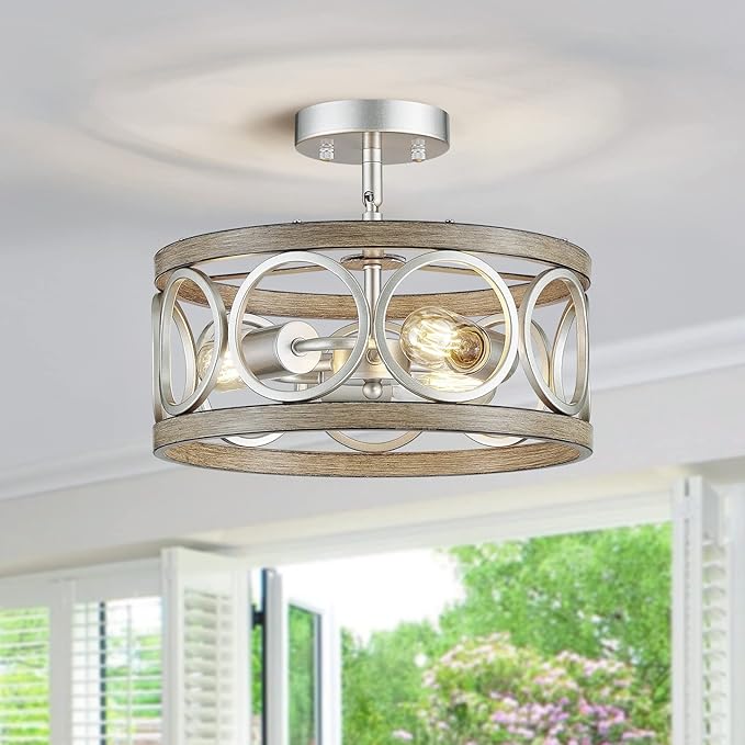 XINGQI 13" Modern 3-Light Brushed Nickel Rustic Semi Flush Mount Ceiling Light Fixture Wood Grain Metal Round Lamp for Kitchen Dining Room Bedroom Entryway